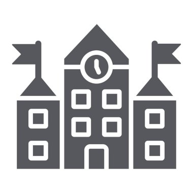 Okul bina glyph simgesi, eğitim ve mimarlık, üniversite işareti, vektör grafikleri, beyaz bir arka plan üzerinde sağlam bir desen.