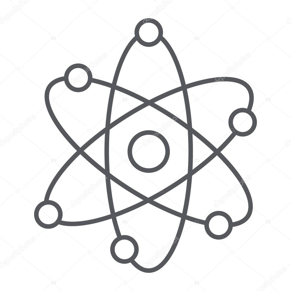 Atom structure thin line icon, scientific and nuclear, nucleus sign, vector graphics, a linear pattern on a white background.