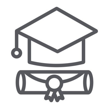 Mezuniyet kap çizgi simgesi, lisansüstü ve bilgi, akademik şapka işareti, vektör grafik, beyaz bir arka plan üzerinde doğrusal bir desen.