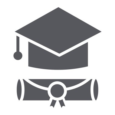 Mezuniyet kap glyph simgesi, lisansüstü ve bilgi, akademik şapka işareti, vektör grafik, beyaz bir arka plan üzerinde sağlam bir desen.
