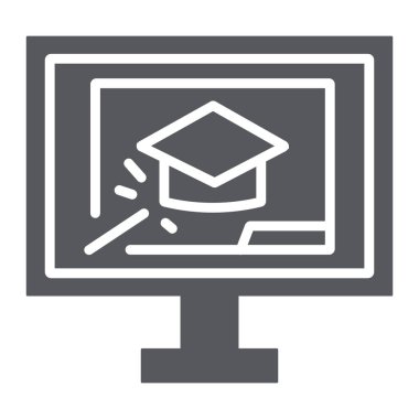Online eğitim glyph simgesi, eğitim ve çalışma, mezuniyet kapağı ve dizüstü işareti, vektör grafik, beyaz bir arka plan üzerinde sağlam bir desen.