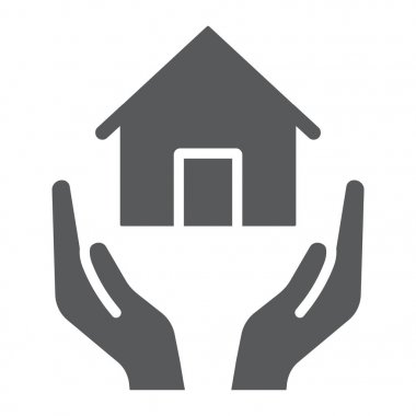 Ev sigortası glyph simgesi, emlak ve mülkiyet, ev bakım işareti, vektör grafik, beyaz bir arka plan üzerinde sağlam bir desen.