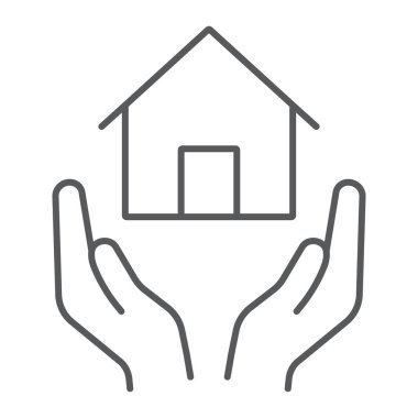 Ev sigortası ince çizgi simgesi, emlak ve mülkiyet, ev bakım işareti, vektör grafik, beyaz bir arka plan üzerinde doğrusal bir desen.