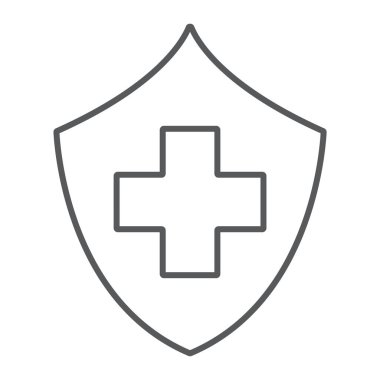 Sağlık sigortası ince çizgi simgesi, güvenlik ve bakım, sağlık işareti, vektör grafikleri, beyaz arka plan üzerinde doğrusal bir desen.