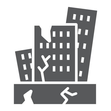 Deprem glyph simgesi, afet ve hasar, ev çökmeişareti, vektör grafik, beyaz bir arka plan üzerinde sağlam bir desen.