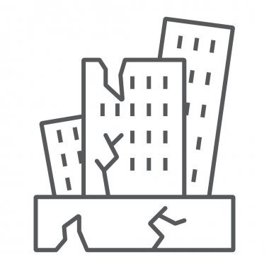 Deprem ince çizgi simgesi, felaket ve hasar, ev çökmeişareti, vektör grafikleri, beyaz bir arka plan üzerinde doğrusal bir desen.