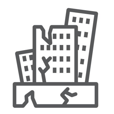 Deprem çizgi simgesi, felaket ve hasar, ev çökmeişareti, vektör grafikleri, beyaz bir arka plan üzerinde doğrusal bir desen.