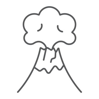 Volkanik patlama ince çizgi simgesi, felaket ve patlama, volkan patlayan işareti, vektör grafikleri, beyaz bir arka plan üzerinde doğrusal bir desen.