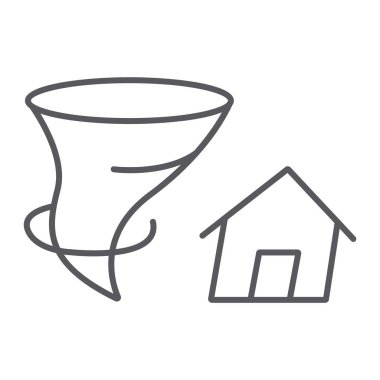 Tornado sigorta ince çizgi simgesi, afet ve doğa, ev ve kasırga işareti, vektör grafik, beyaz bir arka plan üzerinde doğrusal bir desen.