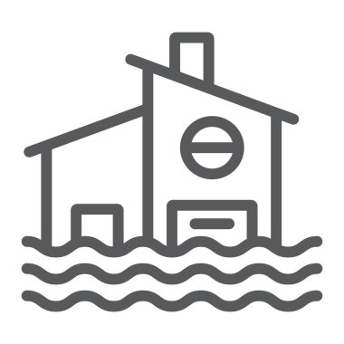 Sel hattı simgesi, felaket ve ev, sular altında ev işareti, vektör grafikleri, beyaz bir arka plan üzerinde doğrusal bir desen.