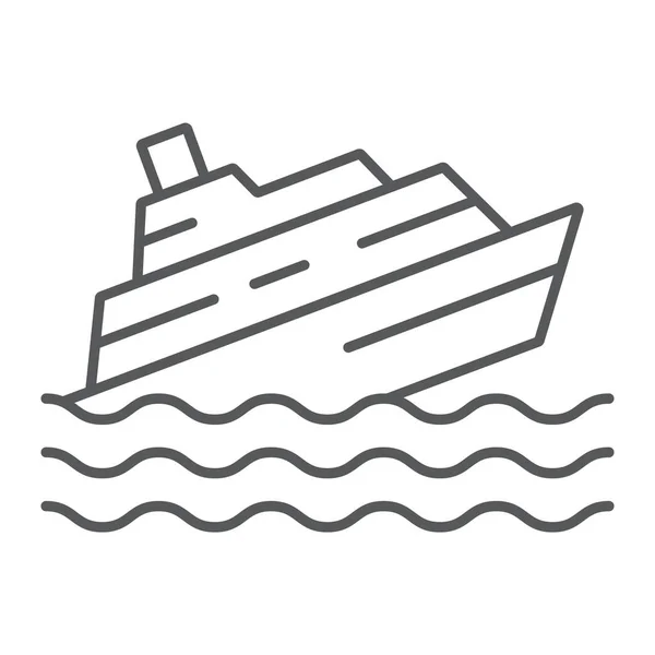 Icône de ligne mince de bateau coulant, désastre et eau, signe de catastrophe de bateau, graphiques vectoriels, un motif linéaire sur un fond blanc . — Image vectorielle