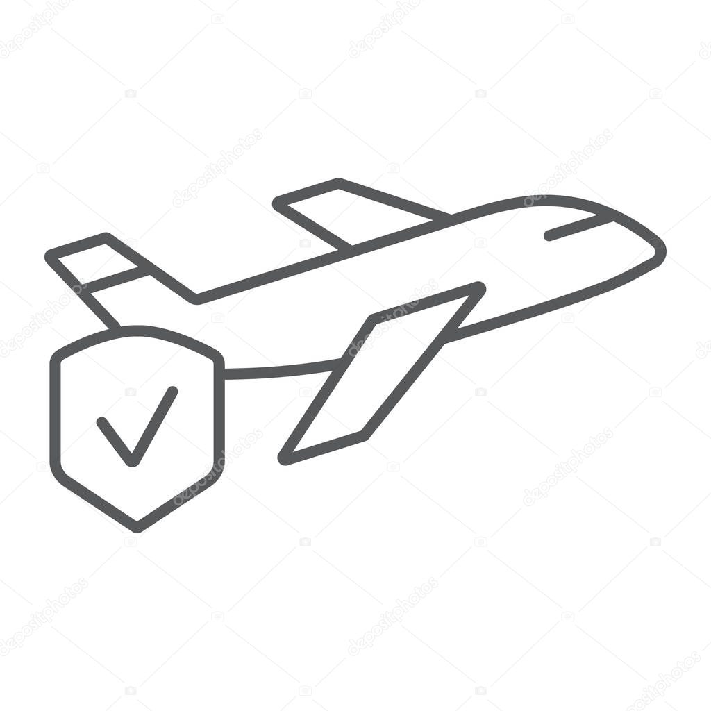 Travel insurance thin line icon, trip and safety, shield and plane sign, vector graphics, a linear pattern on a white background, eps 10.