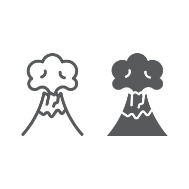 Volkanik patlama hattı ve glyph simgesi, felaket ve patlama, volkan patlayan işareti, vektör grafikleri, beyaz bir arka plan üzerinde doğrusal bir desen.