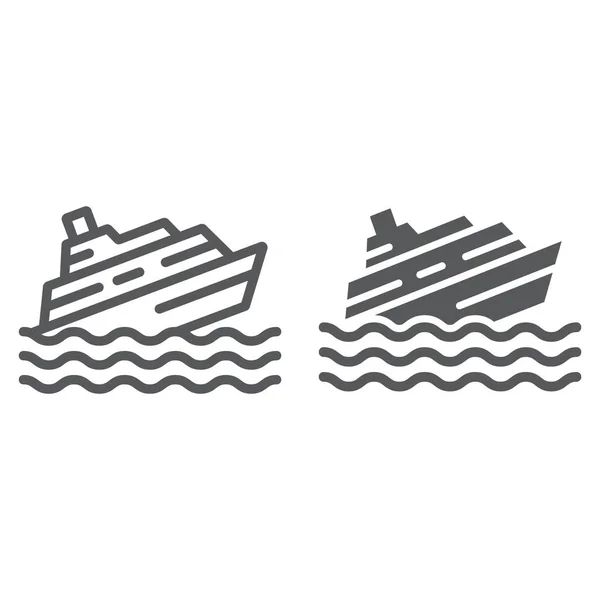 沉船线和字形图标，灾难和水，船灾难标志，矢量图形，白色背景上的线性图案. — 图库矢量图片