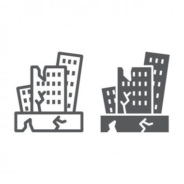 Deprem hattı ve glyph simgesi, afet ve hasar, ev çökmeişareti, vektör grafikleri, beyaz bir arka plan üzerinde doğrusal bir desen.