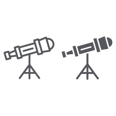 Teleskop hattı ve glyph simgesi, bilim ve astronomi, spyglass işareti, vektör grafikleri, beyaz arka plan üzerinde doğrusal bir desen.