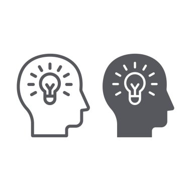 İnsan fikir hattı ve glyph simgesi, yaratıcılık ve çözüm, baş işareti ampul, vektör grafik, beyaz bir arka plan üzerinde doğrusal bir desen.