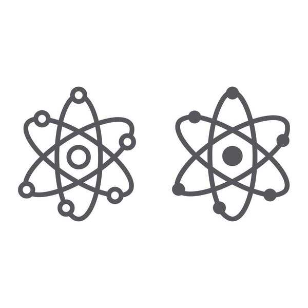 Линия структуры атома и иконка глифа, научный и ядерный знак, знак ядра, векторная графика, линейный узор на белом фоне
.