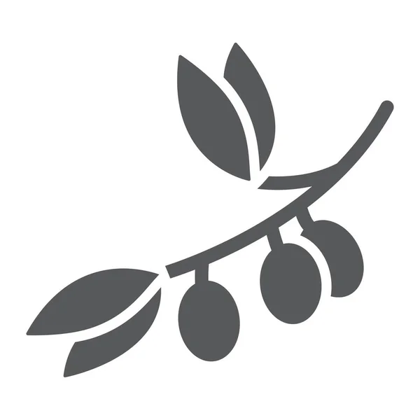 Icona del glifo del ramo d'ulivo, pianta e albero, segno delle olive, grafica vettoriale, un solido motivo su sfondo bianco . — Vettoriale Stock