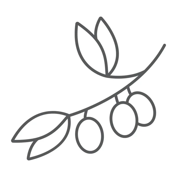 Icono de línea delgada de rama de olivo, planta y árbol, signo de aceitunas, gráficos vectoriales, un patrón lineal sobre un fondo blanco . — Vector de stock