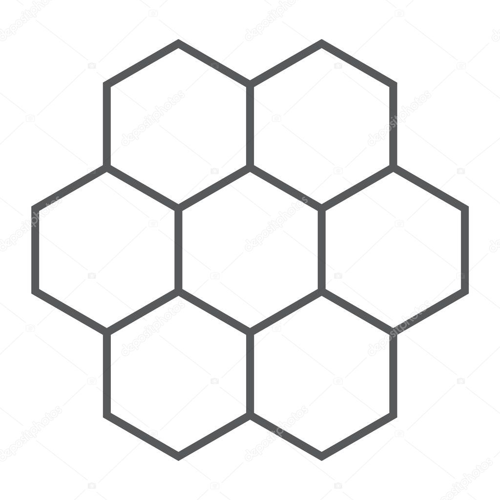 Honeycomb thin line icon, food and honey, hexagon sign, vector graphics, a linear pattern on a white background.