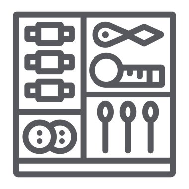 Dikiş kiti hattı simgesi, zanaat ve dikiş, terzi kiti işareti, vektör grafikleri, beyaz arka planda doğrusal bir desen.