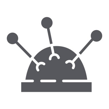 Dikiş Pins glif simgesi, alet ve dikim, iğne işareti, vektör grafikleri, beyaz bir arka planda sağlam bir desen.