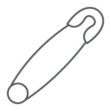 Emniyet pin ince çizgi simgesi, alet ve dikme, iğne işareti, vektör grafikleri, beyaz bir arka planda doğrusal bir desen.