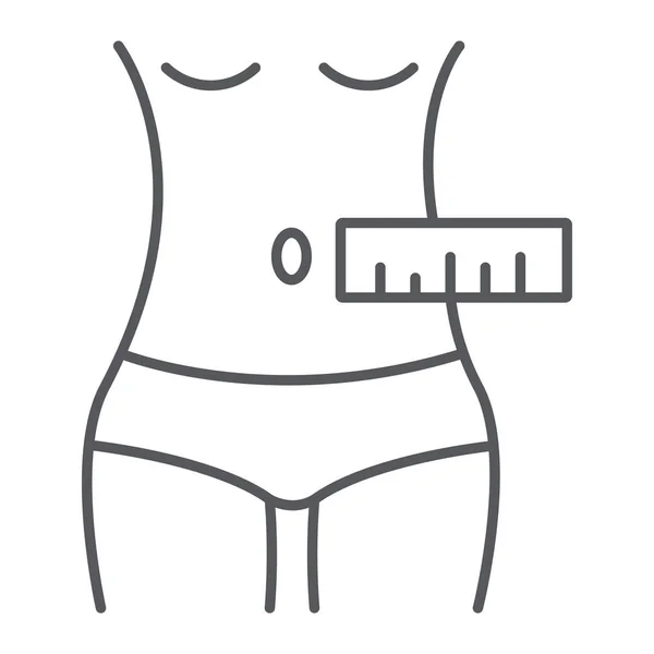 Medición de cintura icono de línea delgada, sastre y medida, signo de medición del cuerpo femenino, gráficos vectoriales, un patrón lineal sobre un fondo blanco . — Archivo Imágenes Vectoriales