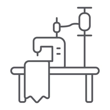 Dikiş işyeri ince çizgi simgesi, zanaat ve dikmek, işyeri seamstres işareti, vektör grafikleri, beyaz bir arka planda doğrusal bir desen.