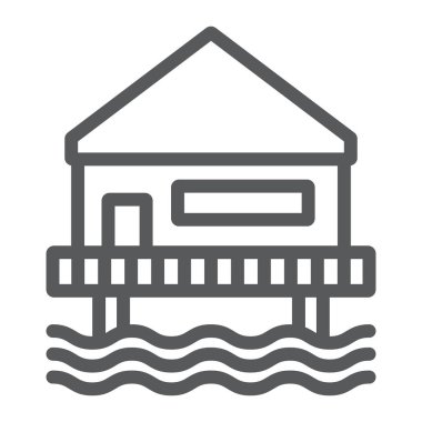 Plaj bungalov hattı simgesi, deniz kenarı ve kulübe, plaj evi işareti, vektör grafikleri, beyaz arka planda doğrusal bir desen.