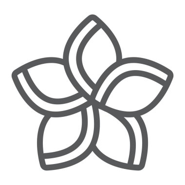 Plumeria çizgi simgesi, çiçek ve çiçek, Frangipani işareti, vektör grafikleri, beyaz bir arka planda doğrusal bir desen.