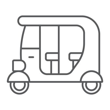 Tuk tuk ince çizgi simgesi, araba ve araç, çekçek işareti, vektör grafikleri, beyaz arka plan üzerinde doğrusal bir desen.