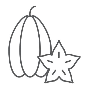 Carambola ince çizgi simgesi, vitamin ve gıda, yıldız meyve işareti, vektör grafik, beyaz bir arka plan üzerinde doğrusal bir desen.