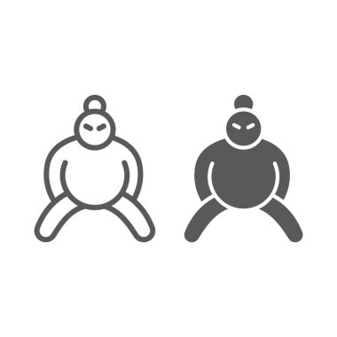 Sumo çizgi ve glyph simgesi, asya ve karakter, japon güreşçi işareti, vektör grafik, beyaz bir arka plan üzerinde doğrusal desen.