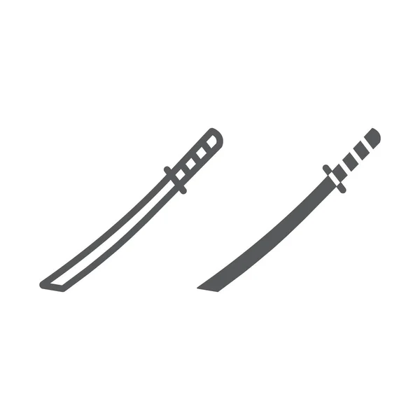 カタナラインとグリフアイコン、アジアと武器、日本刀のサイン、ベクトルグラフィックス、白い背景に線形パターン. — ストックベクタ