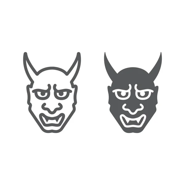 Hannya línea e icono de glifo, asiático y demonio, signo de máscara japonesa, gráficos vectoriales, un patrón lineal sobre un fondo blanco . — Vector de stock