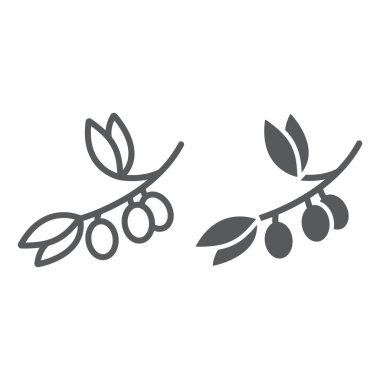 Zeytin dalı çizgisi ve glyph simgesi, bitki ve ağaç, zeytin işareti, vektör grafikleri, beyaz arka plan üzerinde doğrusal bir desen.