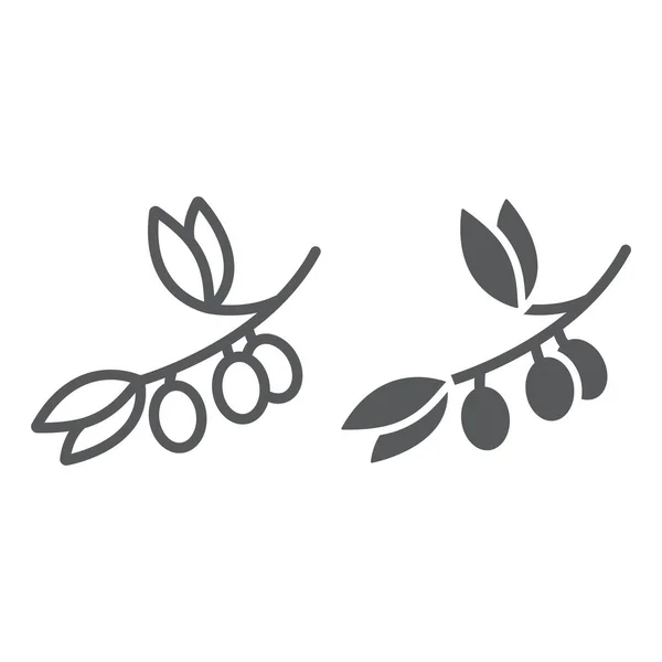 Linha de ramo de azeitona e ícone de glifo, planta e árvore, sinal de azeitonas, gráficos vetoriais, um padrão linear em um fundo branco . —  Vetores de Stock