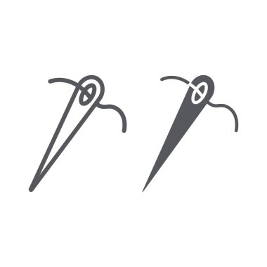 Dikiş iğne hattı ve glyph simgesi, terzi ve dikiş, iğne işareti, vektör grafik, beyaz bir arka plan üzerinde doğrusal bir desen.