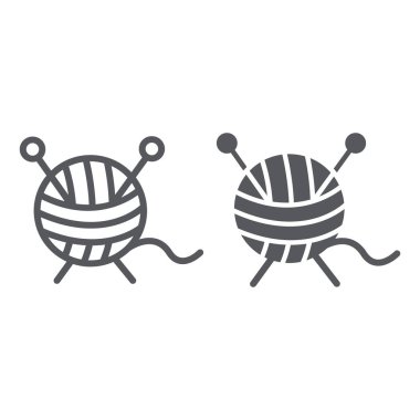 Örgü çizgi ve glyph simgesi, clew ve dikiş, iplik işareti, vektör grafik, beyaz bir arka plan üzerinde doğrusal desen.