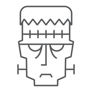 Frankenstein ince çizgi simgesi, cadılar bayramı ve canavar, zombi işareti, vektör grafikleri, beyaz arka plan üzerinde doğrusal bir desen.