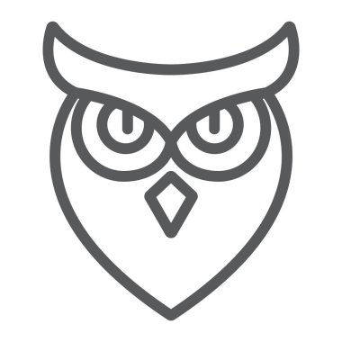 Cadılar Bayramı baykuş çizgi simgesi, hayvan ve bilgelik, kuş işareti, vektör grafik, beyaz bir arka plan üzerinde doğrusal desen.