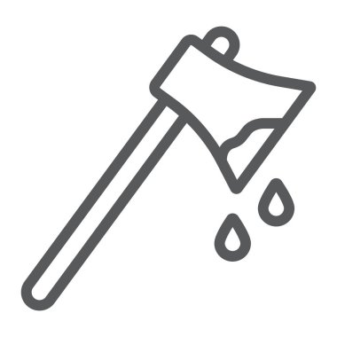 Kanlı balta çizgi simgesi, cadılar bayramı ve bıçak, kan işareti ile balta, vektör grafikleri, beyaz bir arka plan üzerinde doğrusal desen.