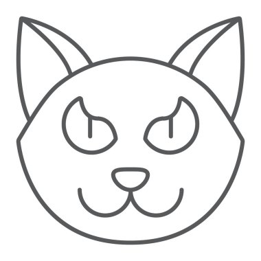 Cadılar Bayramı kedi ince çizgi simgesi, hayvan ve büyü, evcil hayvan işareti, vektör grafik, beyaz bir arka plan üzerinde doğrusal bir desen.