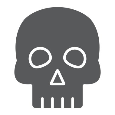 Kafatası glyph simgesi, cadılar bayramı ve korku, kemik işareti, vektör grafikler, beyaz bir arka plan üzerinde sağlam bir desen.