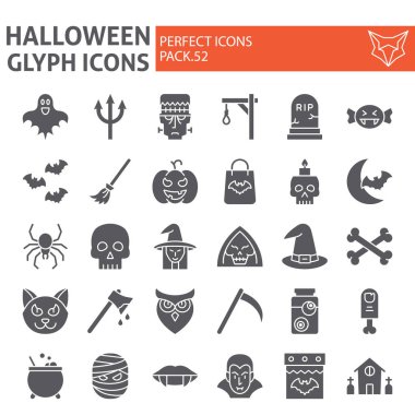 Halloween glyph simge seti, korku sembolleri toplama, vektör skeçler, logo çizimler, ürpertici tatil işaretleri katı pictograms paketi beyaz arka plan üzerinde izole.