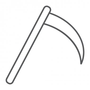 Tırpon ince çizgi simgesi, cadılar bayramı ve bıçak, azrail işareti, vektör grafikleri, beyaz arka plan üzerinde doğrusal desen.