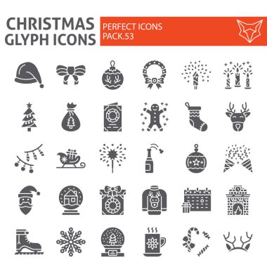 Noel glyph simge seti, tatil sembolleri toplama, vektör skeçler, logo çizimler, yeni yıl işaretleri katı pictograms paketi beyaz arka plan izole.