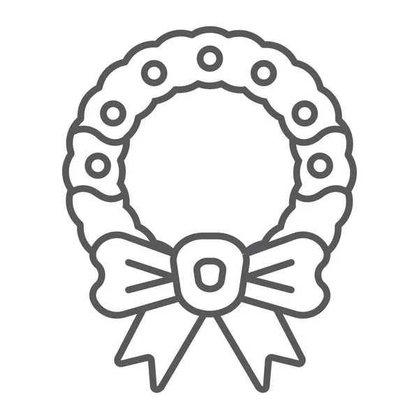 Corona de Navidad con arco icono de línea delgada, Navidad y decoración, signo de corona de vacaciones, gráficos vectoriales, un patrón lineal sobre un fondo blanco . — Vector de stock